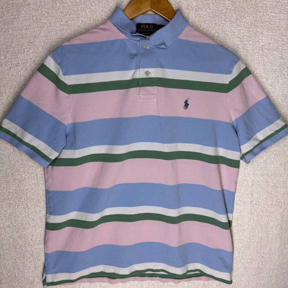 Polo Ralph Lauren Classic Fit Striped Polo Shirt Men's L Pink Blue Green Preppy